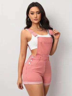 Stylish Pink Pastel Shortalls - Women's Relaxed Denim with Pocket Detail & Adjustable Buttoned Straps - Perfect for Summer Casual Wear