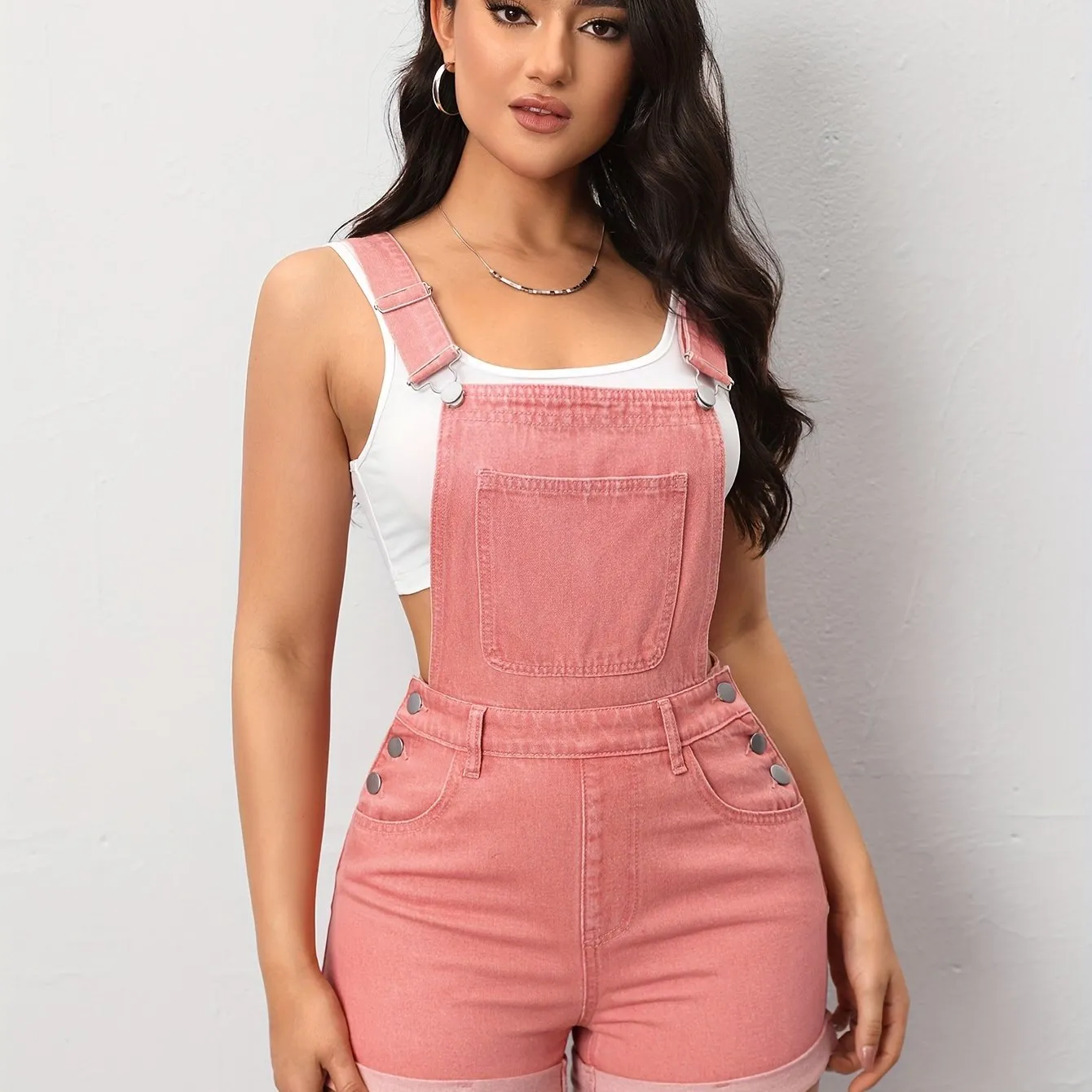 Stylish Pink Pastel Shortalls - Women's Relaxed Denim with Pocket Detail & Adjustable Buttoned Straps - Perfect for Summer Casual Wear