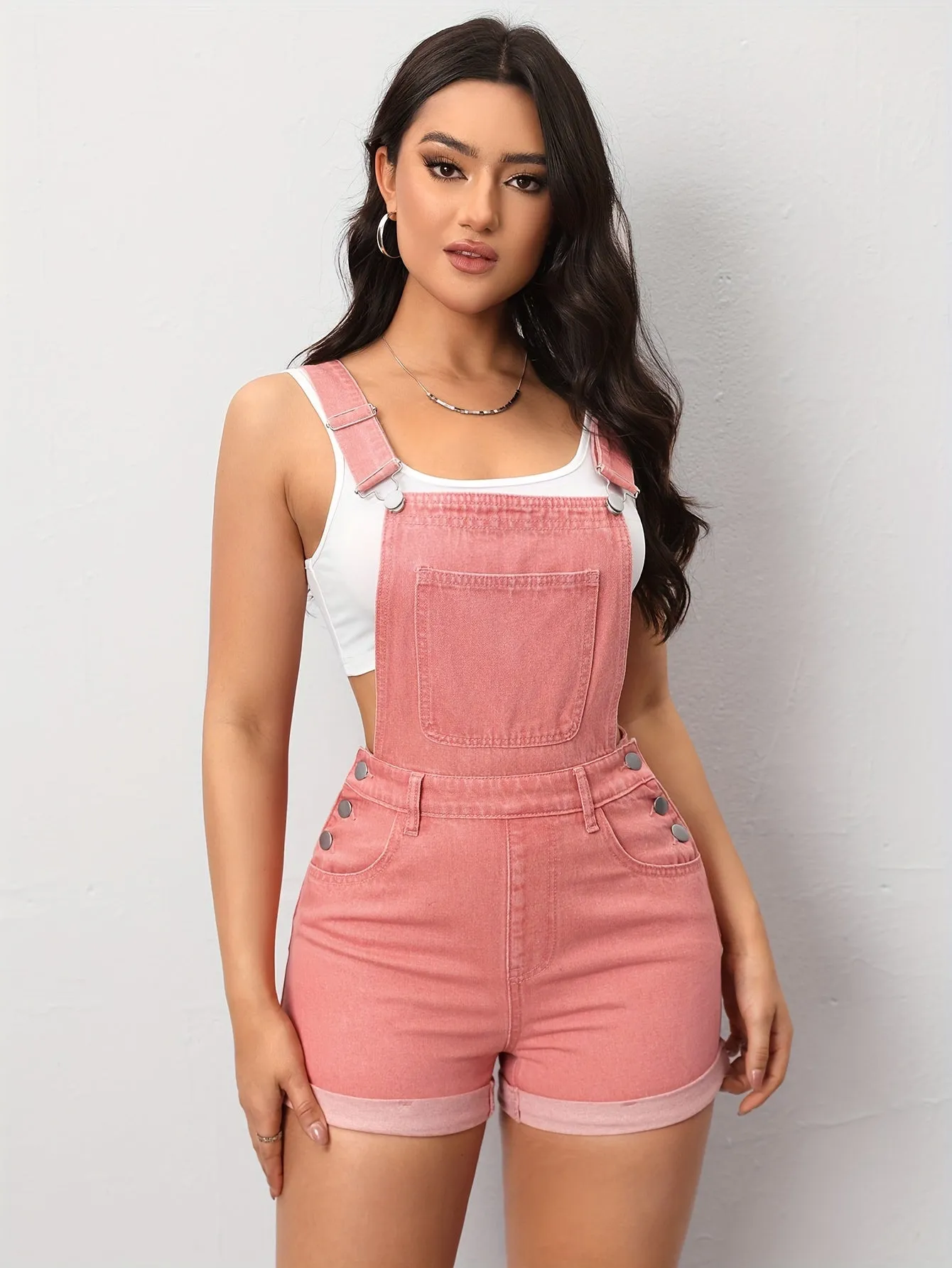 Stylish Pink Pastel Shortalls - Women's Relaxed Denim with Pocket Detail & Adjustable Buttoned Straps - Perfect for Summer Casual Wear