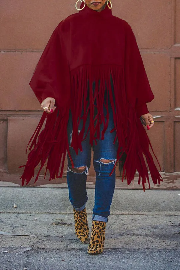 Stylish Tassel Hem Batwing Sleeve Coat