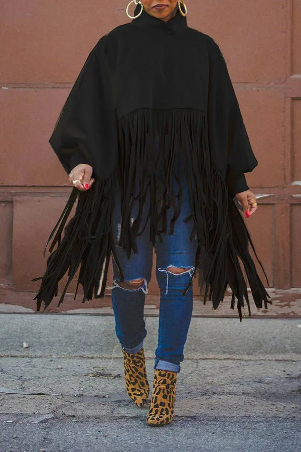 Stylish Tassel Hem Batwing Sleeve Coat