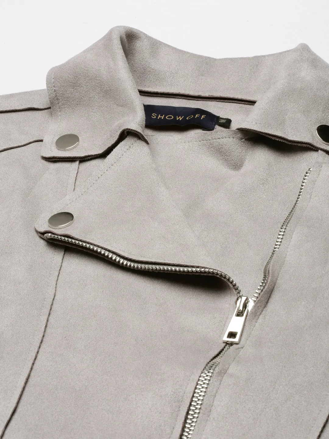 Women Grey Spread Collar Long Sleeve Zip Detail Crop Tailored Jacket
