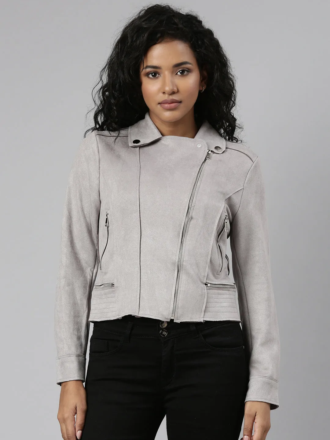 Women Grey Spread Collar Long Sleeve Zip Detail Crop Tailored Jacket