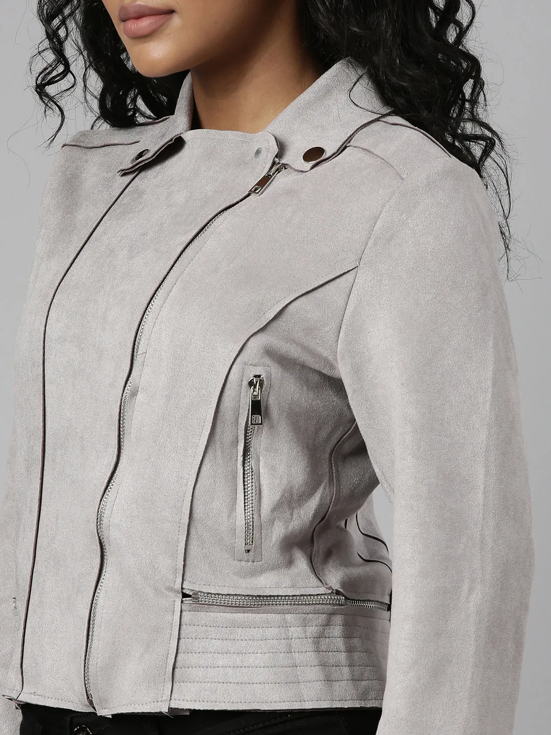 Women Grey Spread Collar Long Sleeve Zip Detail Crop Tailored Jacket