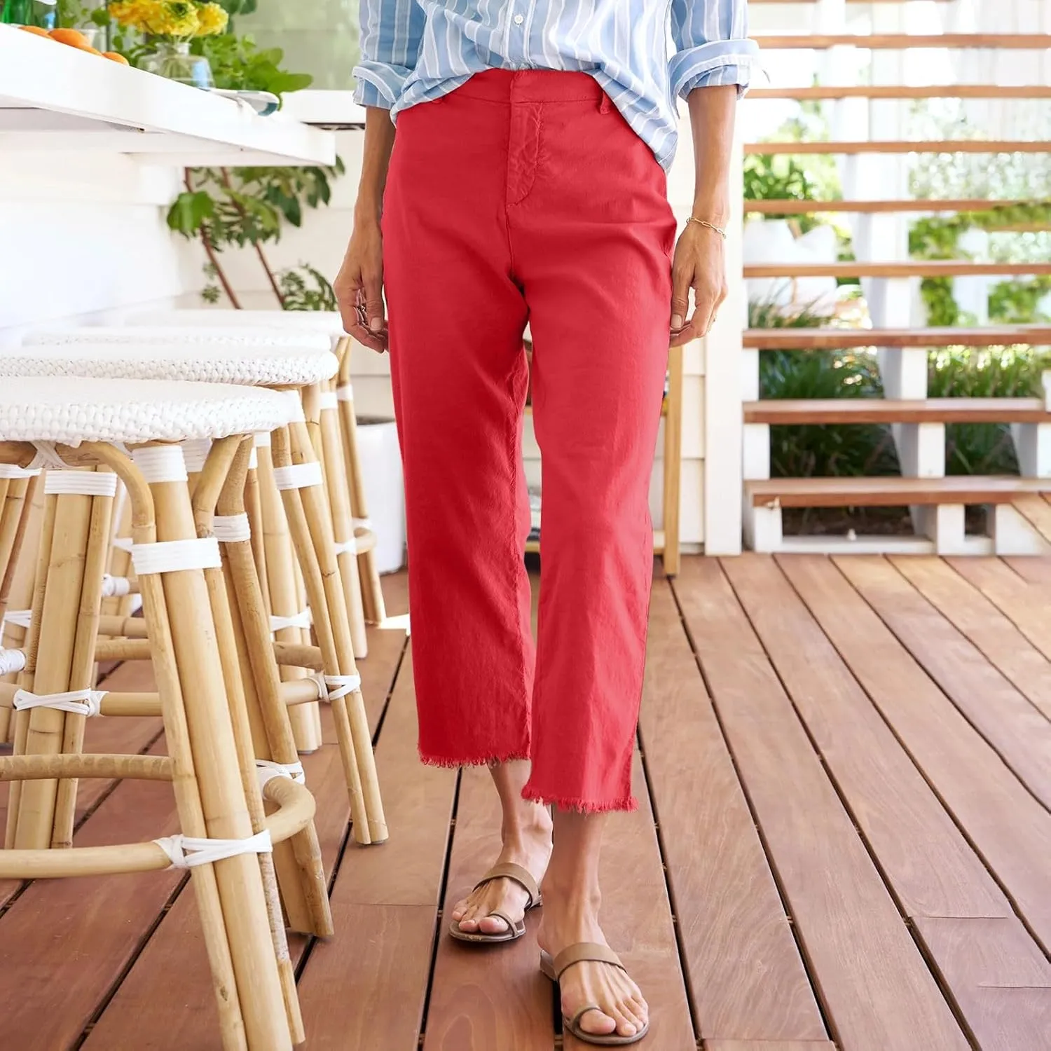 Womens Cargo Pants, Straight Leg Casual Pants Breathable Linen Peasant Print Plaid