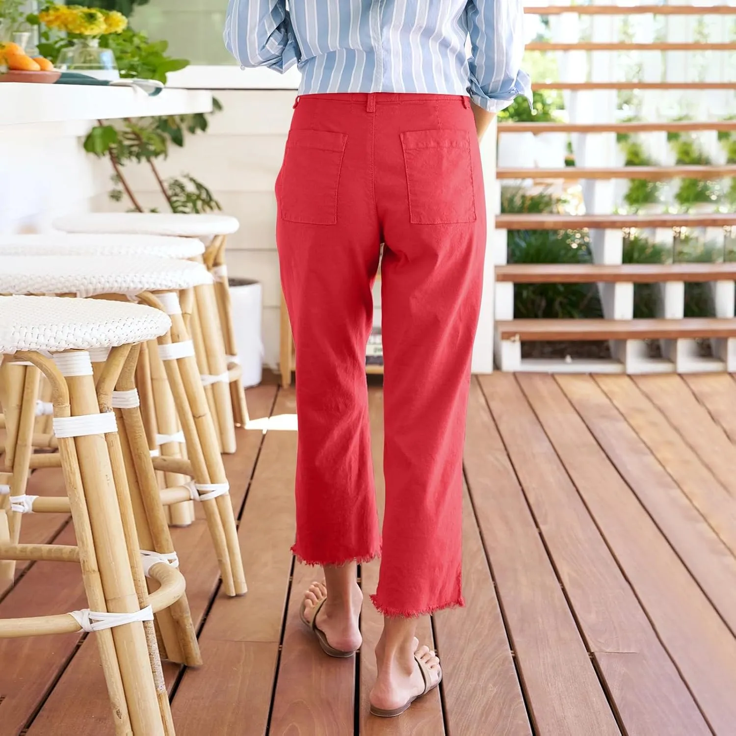 Womens Cargo Pants, Straight Leg Casual Pants Breathable Linen Peasant Print Plaid