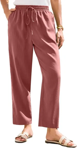 Womens Linen Pants Straight Leg Elastic Drawstring Lightweight Trousers Summer Beach Lounge Pants with Pockets